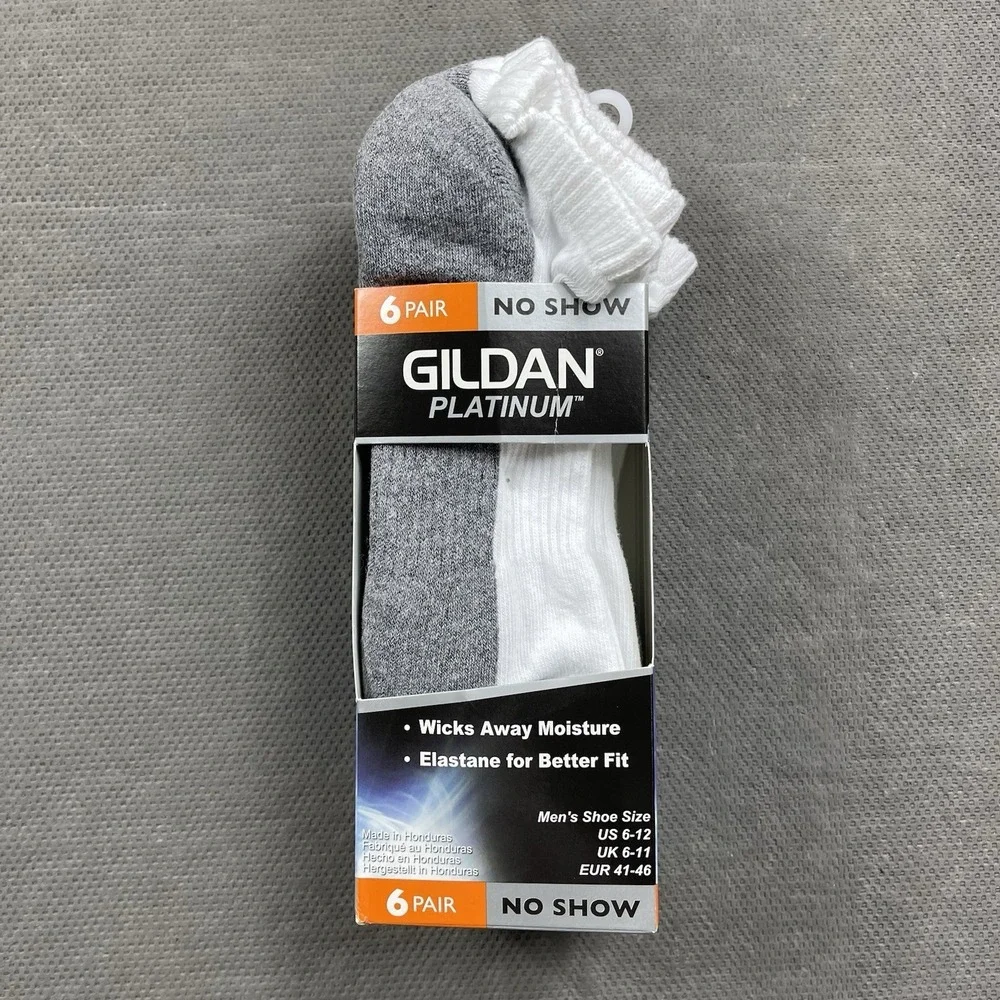 Gildan Platinum No Show‎ Socks Mens Shoe Size 6-12 White 6 Pair Wicking Soft New